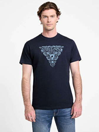 Guess Erkek Lacivert Çiçek Nakışlı Tişört