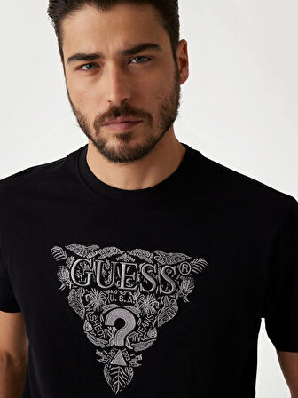 Guess Erkek Siyah Çiçek Nakışlı Tişört