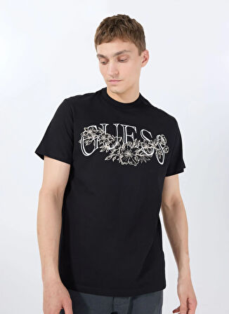 Guess Bisiklet Yaka Desenli Siyah Erkek T-Shirt M5GI17K8FQ4JBLK SS CN GUESS FLOWER