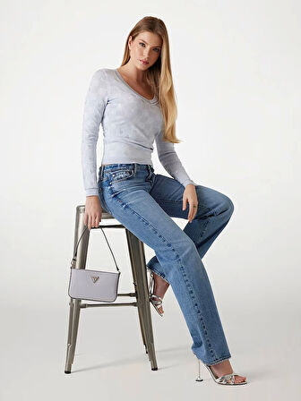 Guess Kadın Mavi Rosie 4G V Yaka Uzun Kollu Kazak