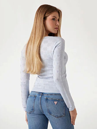 Guess Kadın Mavi Rosie 4G V Yaka Uzun Kollu Kazak