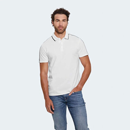 Guess Erkek Bej Quattro G Şeritli Polo Tişört