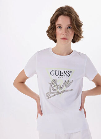 Guess Yuvarlak Yaka Baskılı Beyaz Kadın T-Shirt CN SS LOVE TRIANGLE - MID ORGANIC S