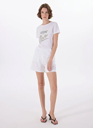 Guess Yuvarlak Yaka Baskılı Beyaz Kadın T-Shirt CN SS LOVE TRIANGLE - MID ORGANIC S