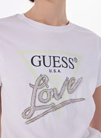 Guess Yuvarlak Yaka Baskılı Beyaz Kadın T-Shirt CN SS LOVE TRIANGLE - MID ORGANIC S