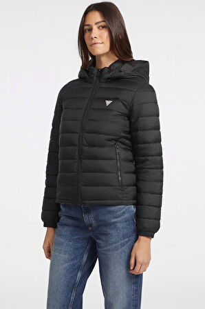 Kadın Gj Hooded Puffer Şişme Mont - Siyah | S