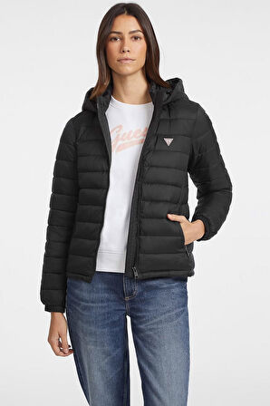 Kadın Gj Hooded Puffer Şişme Mont - Siyah | S