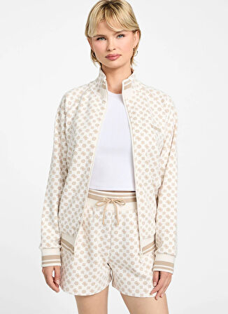 Guess Klasik Yaka Krem Kadın Sweatshırt Aggie Kadın Aktif Scuba Sweatshirt