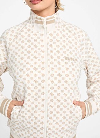 Guess Klasik Yaka Krem Kadın Sweatshırt Aggie Kadın Aktif Scuba Sweatshirt