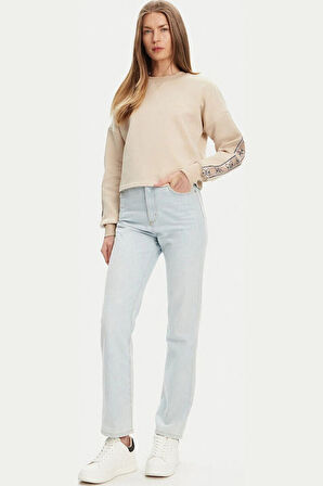 Kadın Cymone Kolu Şeritli Cropped Sweatshirt - Bej | S