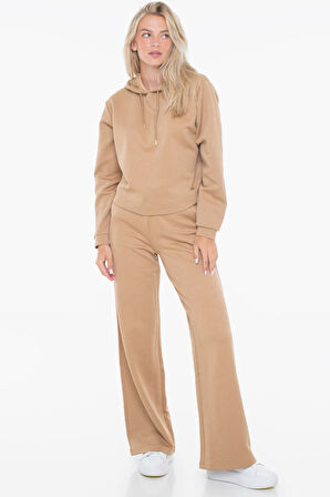 Kadın Scuba Fermuarlı Kapüşonlu Logolu Sweatshirt - Bej | XL