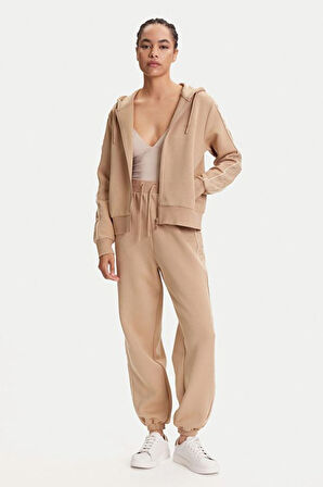 Kadın Maryella Kapüşonlu Kolu Şeritli Sweatshirt - Bej | L