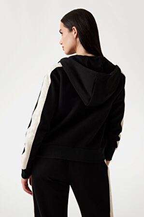 Kadın Fermuarlı Kapüşonlu Logolu Sweatshirt - Siyah | L