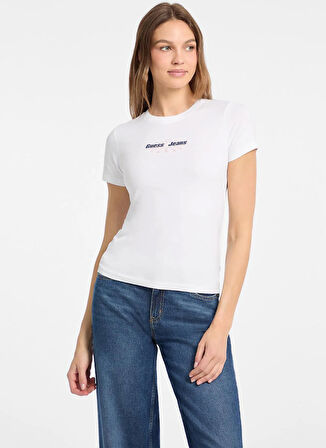 Guess Jeans Yuvarlak Yaka Baskılı Beyaz Kadın T-Shirt Guess Jeans Kadın Slim Fit T-Shirt