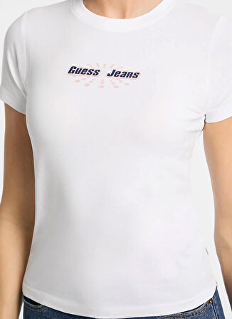 Guess Jeans Yuvarlak Yaka Baskılı Beyaz Kadın T-Shirt Guess Jeans Kadın Slim Fit T-Shirt