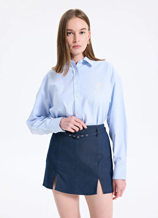 Guess Jeans Relaxed Gömlek Yaka Baskılı Mavi Kadın Gömlek Guess Jeans Kadın Relaxed Fit Gömle