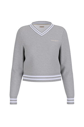 Kadın V Yaka Logolu Pamuklu Sweatshirt - Gri | L