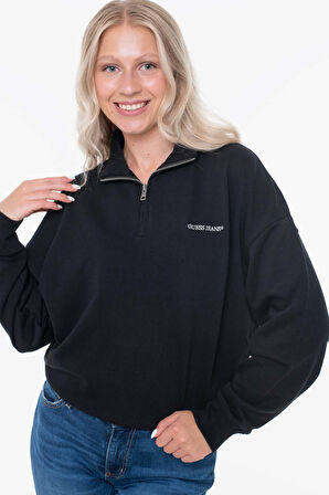 Kadın Fermuarlı Yarım Balıkçı Sweatshirt - Siyah | S