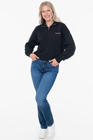 Kadın Fermuarlı Yarım Balıkçı Sweatshirt - Siyah | S