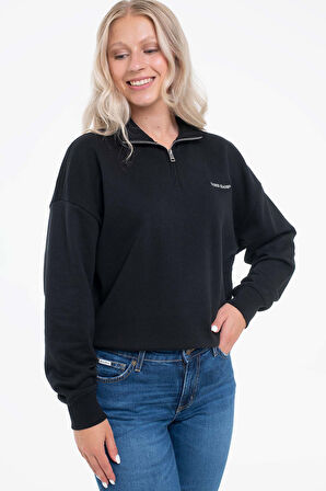 Kadın Fermuarlı Yarım Balıkçı Sweatshirt - Siyah | S