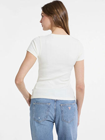 Guess Kadın Krem Rengi Slim Fit Logolu T-shirt W5YP37KA0H1-G053