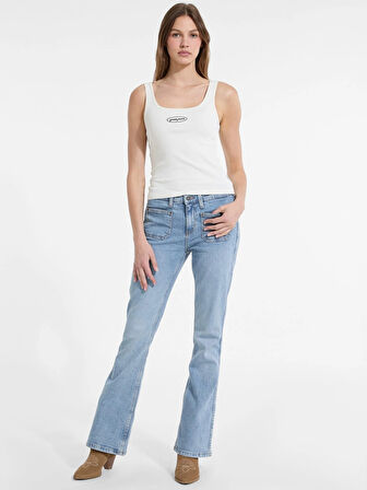 Guess Kadın Krem Nakış Logolu Ribana Crop Atlet W5YP35KA0H1-G053