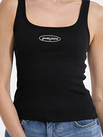 Guess Kadın Siyah Nakış Logolu Ribana Crop Atlet W5YP35KA0H1-JBLK