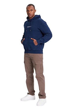 Erkek GJ Eskitme Görünümlü Kapüşonlu Sweatshirt - Lacivert | S