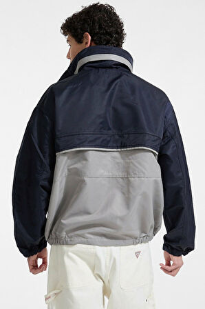 Erkek GJe Kapüşonlu Renk Bloklu Rüzgarlık - Lacivert/Gri | M