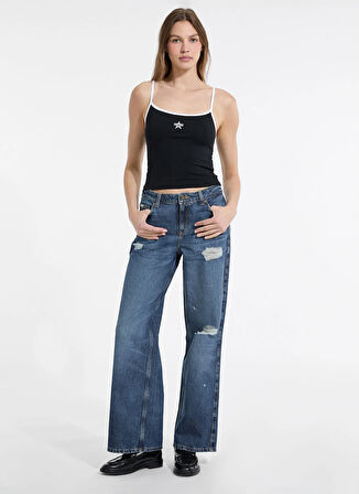 Guess Jeans Yüksek Bel Geniş Paça Relaxed Lacivert Kadın Denim Pantolon Guess Jeans Kadın Relaxed Fit Jean
