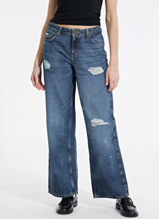 Guess Jeans Yüksek Bel Geniş Paça Relaxed Lacivert Kadın Denim Pantolon Guess Jeans Kadın Relaxed Fit Jean