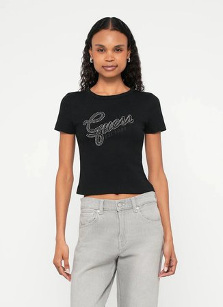 Guess Siyah Kadın Slim Fit Taşlı T-Shirt W6RI22KA0H1-JBLK