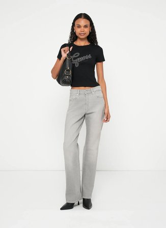 Guess Siyah Kadın Slim Fit Taşlı T-Shirt W6RI22KA0H1-JBLK