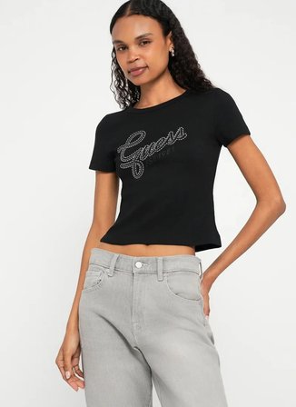 Guess Siyah Kadın Slim Fit Taşlı T-Shirt W6RI22KA0H1-JBLK
