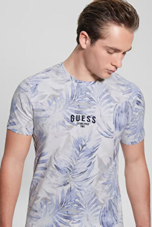 Erkek Guess Çiçek Desenli T-Shirt - Mavi | S