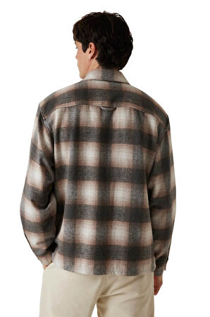 Erkek Ekose Desenli Çift Cepli Relaxed Fit Gömlek - Bej | S