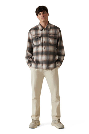 Erkek Ekose Desenli Çift Cepli Relaxed Fit Gömlek - Bej | M