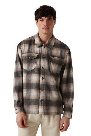 Erkek Ekose Desenli Çift Cepli Relaxed Fit Gömlek - Bej | L