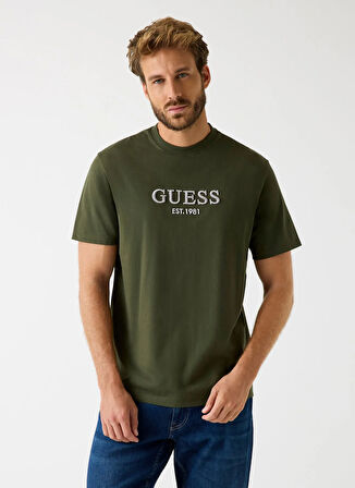 Guess Bisiklet Yaka Baskılı Haki Erkek T-Shirt M5BI09K8FQ4-A81U Embroidery Erkek R