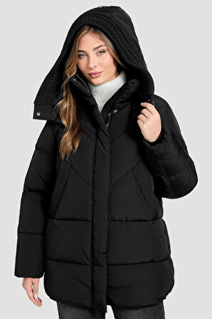 Kadın Eleonor Büzgü Detaylı Kapüşonlu Şişme Mont - Siyah | L