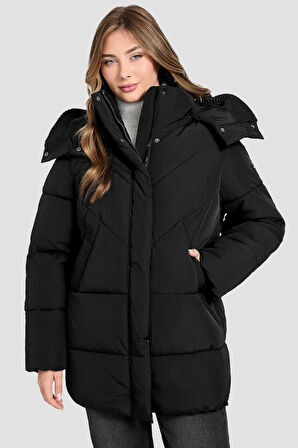 Kadın Eleonor Büzgü Detaylı Kapüşonlu Şişme Mont - Siyah | L