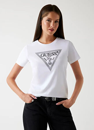 Guess Yuvarlak Yaka Baskılı Beyaz Kadın T-Shirt Krystal Kadın Regular Fit T-Shirt
