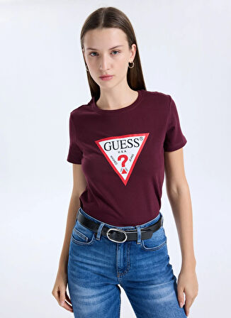 Guess Yuvarlak Yaka Baskılı Kırmızı Kadın T-Shirt Original Kadın Slim Fit T-Shirt