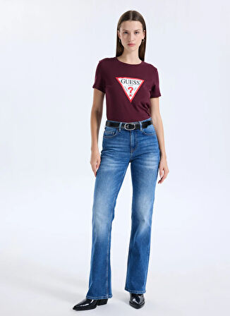 Guess Yuvarlak Yaka Baskılı Kırmızı Kadın T-Shirt Original Kadın Slim Fit T-Shirt