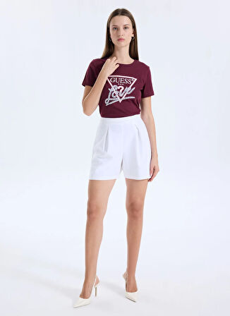 Guess Yuvarlak Yaka Baskılı Kırmızı Kadın T-Shirt Pearls Kadın Regular Fit T-Shirt