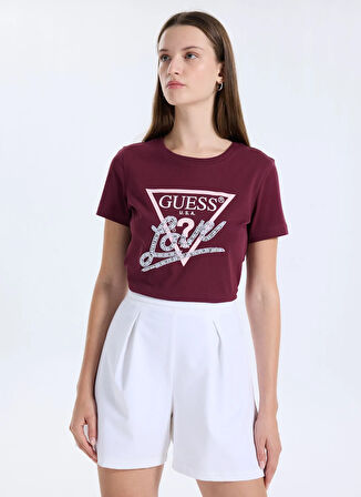 Guess Yuvarlak Yaka Baskılı Kırmızı Kadın T-Shirt Pearls Kadın Regular Fit T-Shirt