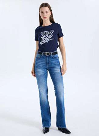 Guess Yuvarlak Yaka Baskılı Mavi Kadın T-Shirt Pearls Kadın Regular Fit T-Shirt