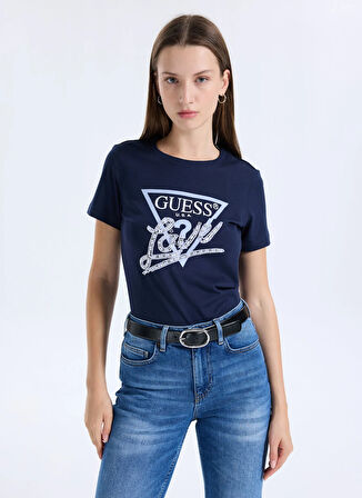 Guess Yuvarlak Yaka Baskılı Mavi Kadın T-Shirt Pearls Kadın Regular Fit T-Shirt