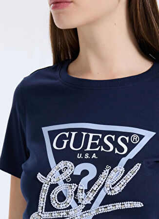 Guess Yuvarlak Yaka Baskılı Mavi Kadın T-Shirt Pearls Kadın Regular Fit T-Shirt