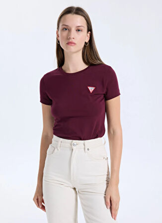 Guess Yuvarlak Yaka Baskılı Kırmızı Kadın T-Shirt Mini Triangle Kadın Slim Fit T-Shir